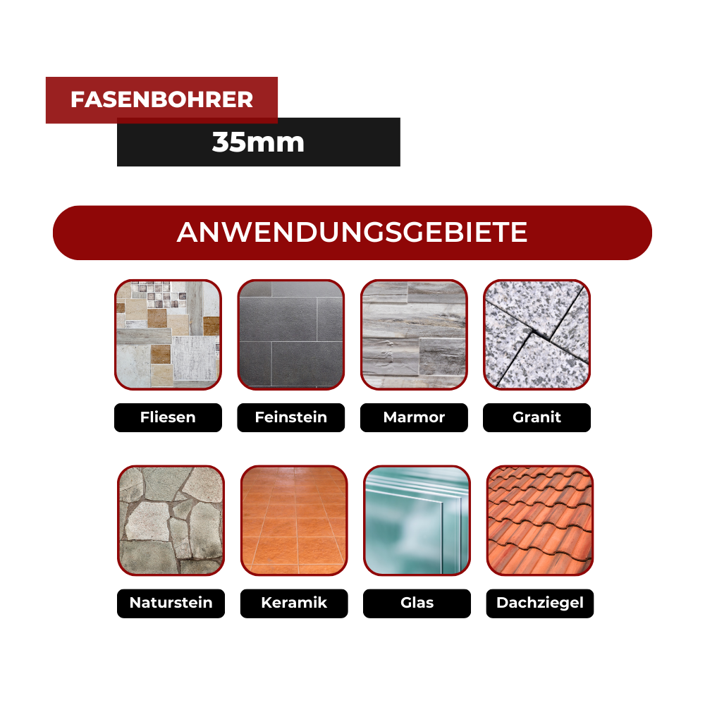 Diamantfasenbohrer 35mm geeignet für harte Materialien wie Fliesen, Feinstein, Marmor, Granit, Naturstein, Keramik, Glas, Dachziegel, etc.