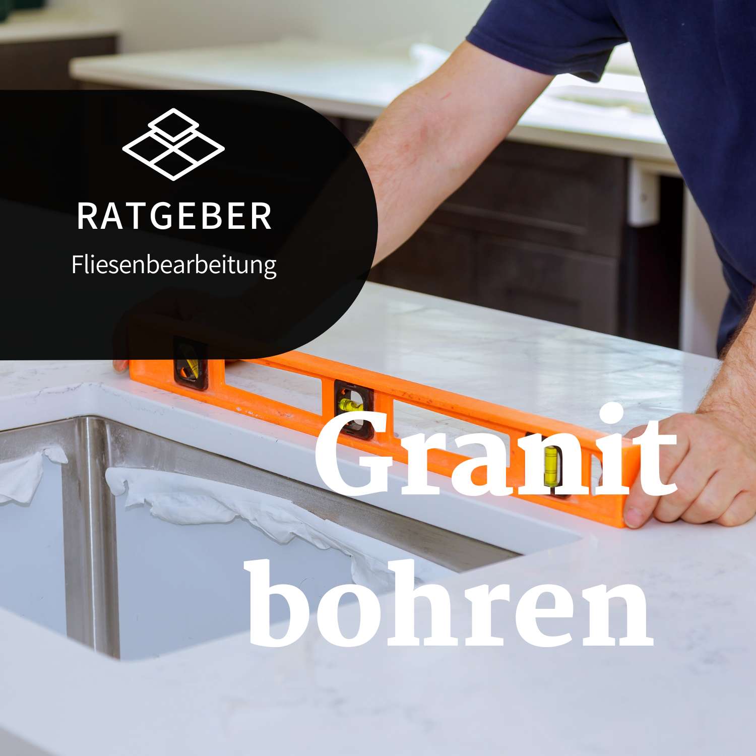 Ein Heimwerker beim Granit Küchenarbeitsplatte bohren mit einem Diamantbohrer für harte Fliesen
