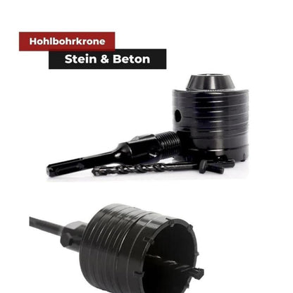 Steckdosenbohrer Stein & Beton - Hohlbohrkrone 68 mm Produktbild mit Adapter und Zentrierbohrer