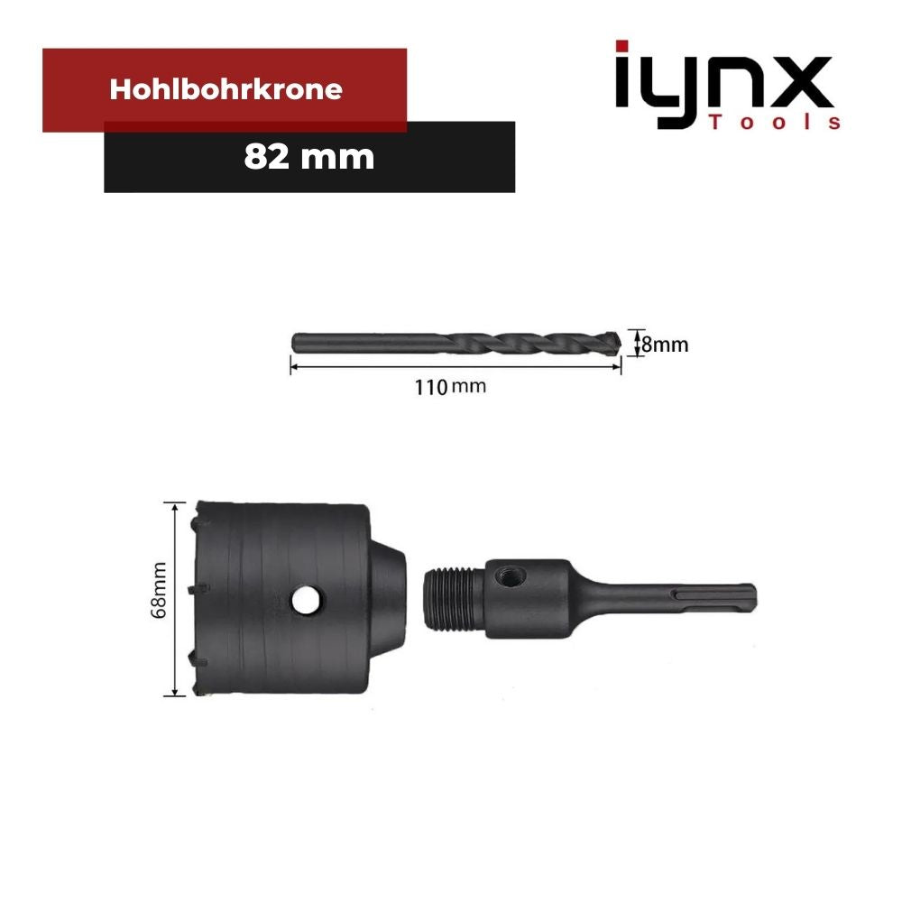 Hohlbohrkrone 82 mm technische Details. 8 mm Durchmesser Zentrierbohrer inklusive und SDS Plus Adapter gratis